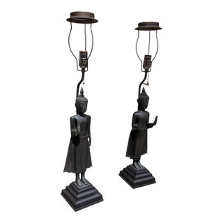 Antique Thai/Khmer-Style Bronze Standing Buddha Table Lamps Hollywood Regency For Sale