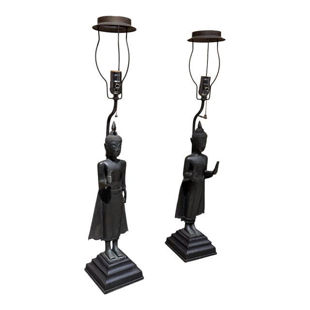 Antique Thai/Khmer-Style Bronze Standing Buddha Table Lamps Hollywood Regency For Sale