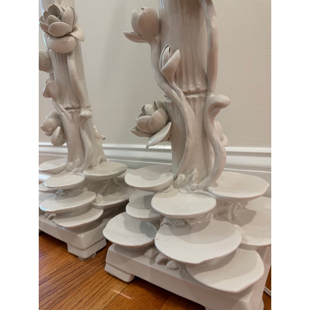 Mid 20th Century Italian Ceramic Faux Bamboo & Lotus Flower Table Lamps - A Pair For Sale - Image 10 of 17