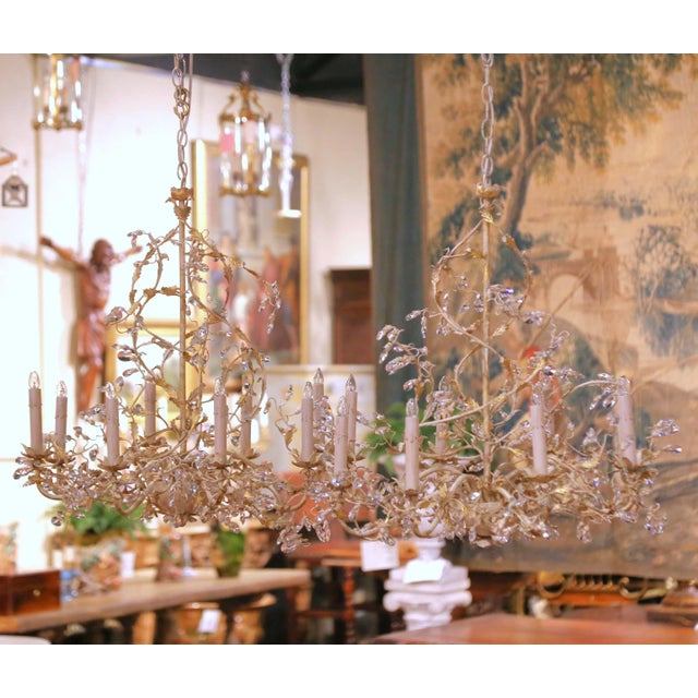 Pair of French Louis XV Painted Tole and Crystal Eight-Light Chandeliers For Sale In Dallas - Image 6 of 13