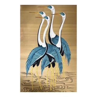 Hand‑Painted Crane Mural Panel, Luxury Oriental Wall Art For Sale