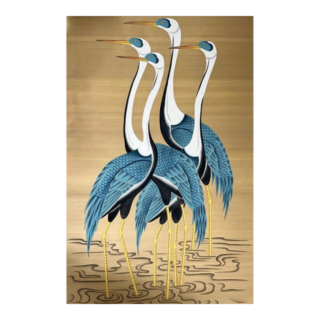 Hand‑Painted Crane Mural Panel, Luxury Oriental Wall Art For Sale