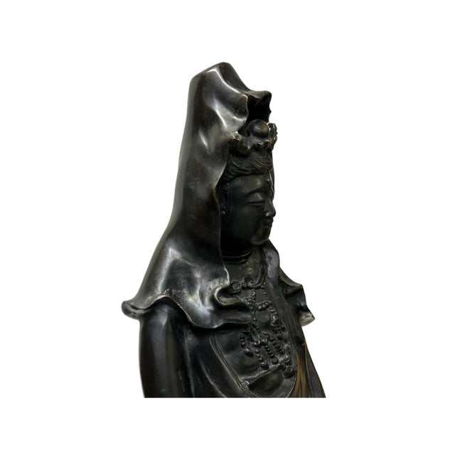 Black Vintage Chinese Black Metal Bodhisattva Kwan Yin Buddha Statue For Sale - Image 8 of 11