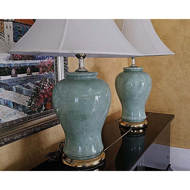 Pair of Vintage Celadon Glazed Ceramic Ginger Jar Table Lamps For Sale - Image 15 of 18