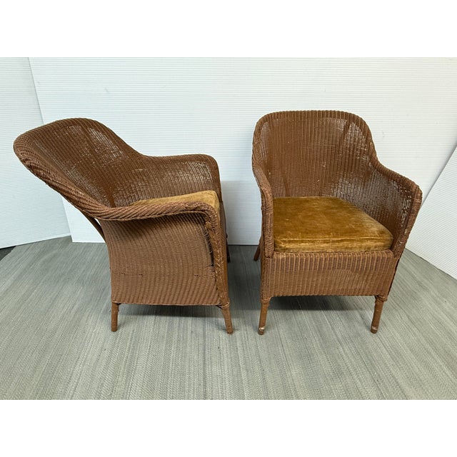 Late 20th Century Rattan Bucket Lounge Chairs With Goldenrod Velvet Seat Pads, Pair For Sale - Image 5 of 12
