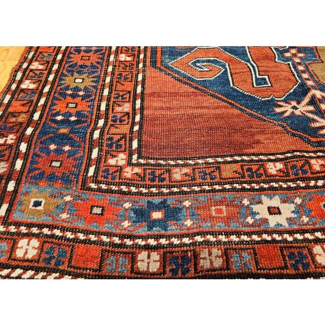 Antique Cloudband Kazak Area Rug, Hand-Knotted Wool, Geometric Design, Red & Blue, 5' x 8' For Sale - Image 12 of 15