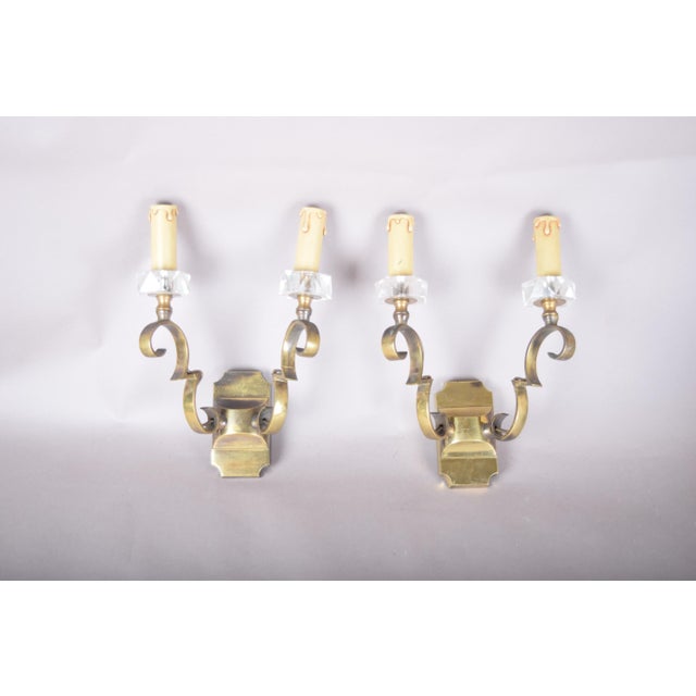 Scrolled Brass Wall Sconces with Crystal Bobeches attributed to Jules Leleu, 1950s, Set of 2 For Sale - Image 11 of 11