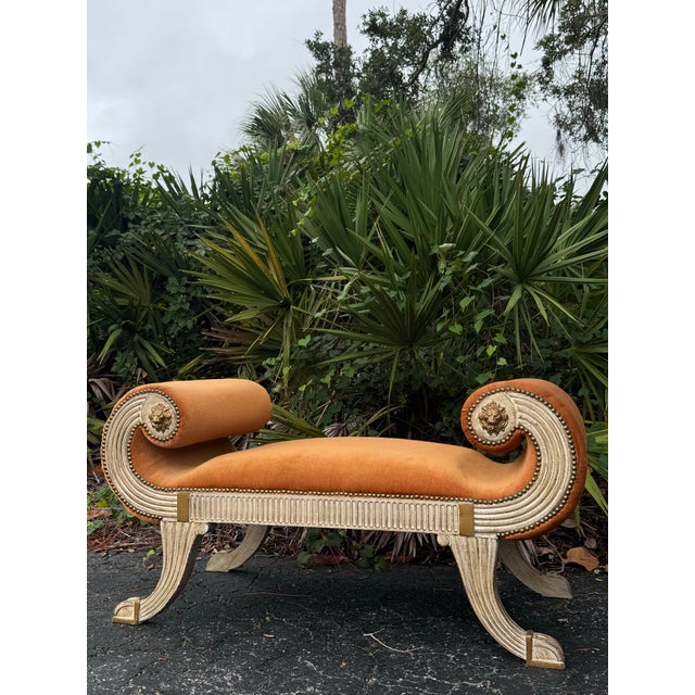 Make a dramatic statement with this exceptional vintage Neoclassical-style banquette, featuring vibrant orange velvet...