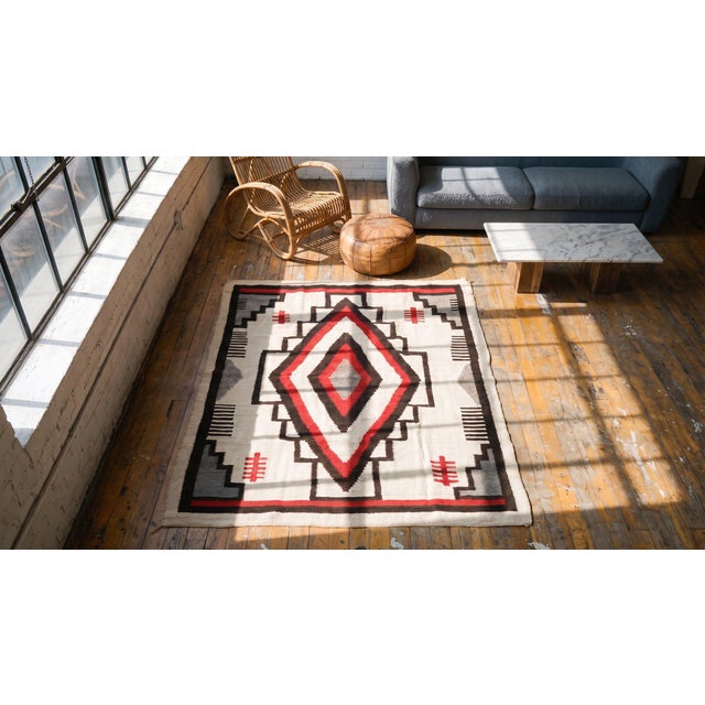 1930s White Diamond Tribal Antique American Navajo Rug 4'x 5' 4" Flatweave Wool Carpet For Sale - Image 9 of 9