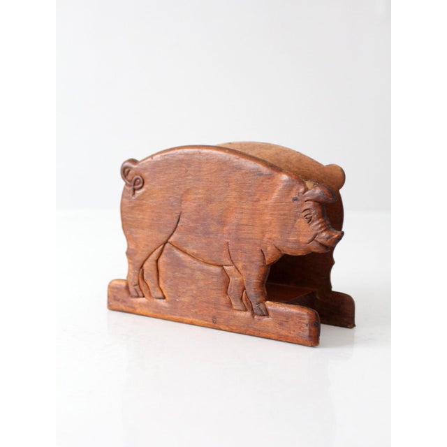 Farmhouse Vintage Folk Art Carved Wooden Pig Napkin Holder For Sale - Image 3 of 10