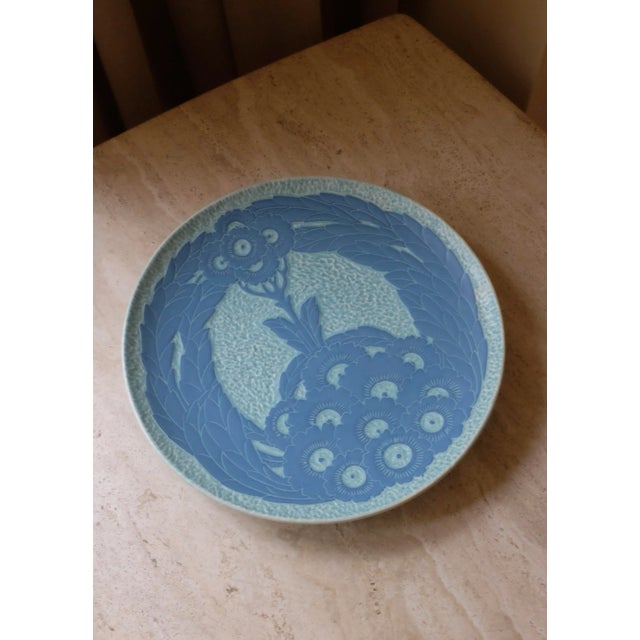 Blue Sgraffito plate from 1917 by Josef Ekberg for Gustavsberg, Sweden. Beautiful flower motif in Swedish Jugend (or Art...
