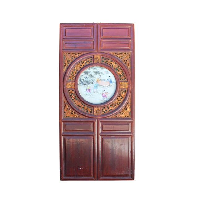 Chinese Vintage Round Porcelain Scenery Wood Wall Panel Art For Sale