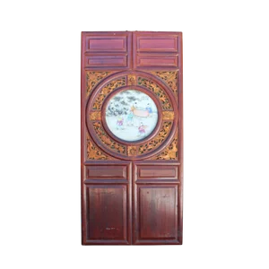 Chinese Vintage Round Porcelain Scenery Wood Wall Panel Art