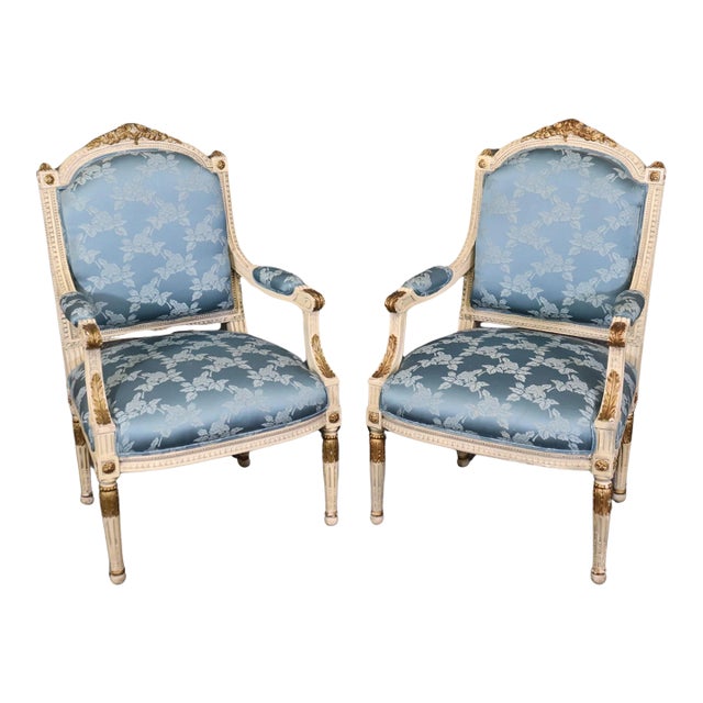 French Carved Painted and Gilded Armchairs Blue Silk - A Pair For Sale