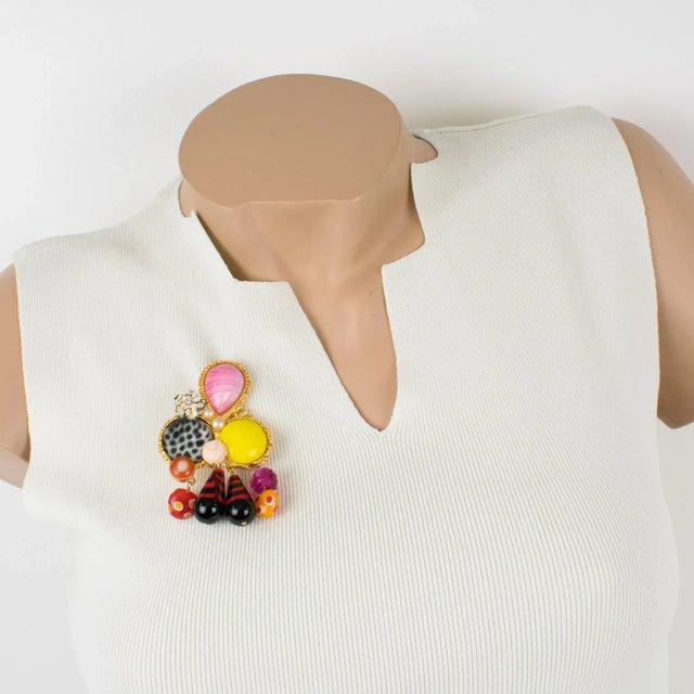 Contemporary Christian Lacroix Gilt Metal Jeweled Pin Brooch with Poured Glass Dangle Charms For Sale - Image 3 of 7