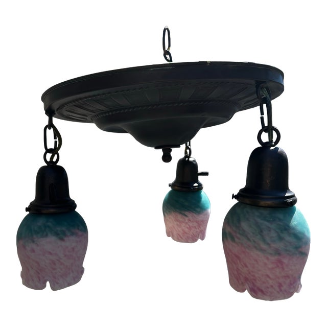 Vintage Brass Flushmount Fixture With Vintage Cased Glass Tulip Shades For Sale