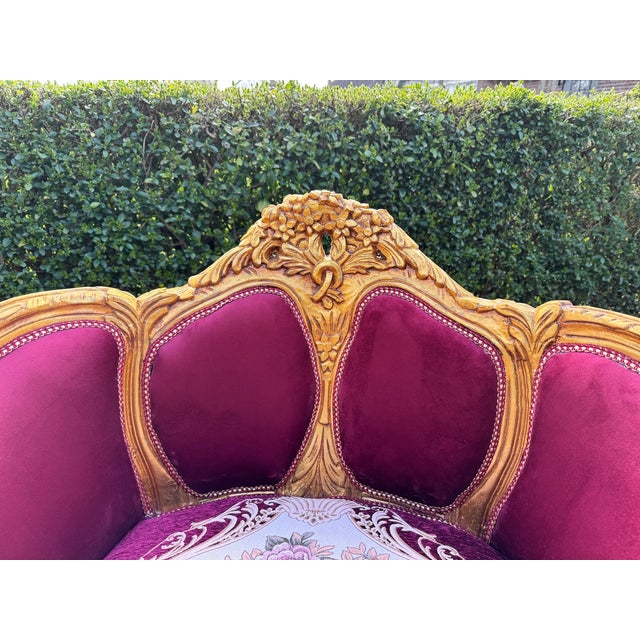 1960 French Louis XVI Burgundy Beech Velvet Sofa Set 3 PCS For Sale - Image 13 of 18