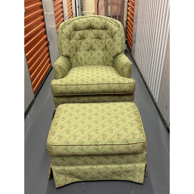 Textile Green Patterned Vintage Upholstered Accent Chair with Ottoman For Sale - Image 7 of 9