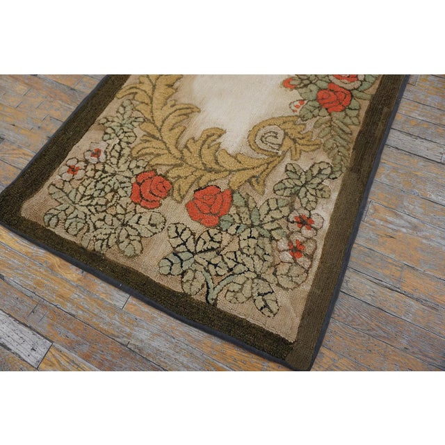 1880s Ivory Roses Folk Art Antique American Hooked Rug 2'8" X 4'11" Handknotted Wool Carpet For Sale In New York - Image 6 of 6