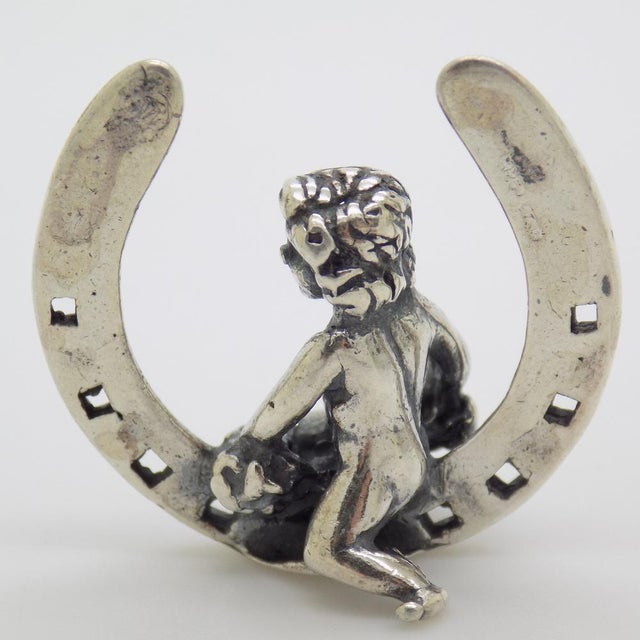 Vintage Italian Handmade Sterling Silver 925 Lucky Horseshoe with Cherub Figurine, 1980s For Sale - Image 3 of 11