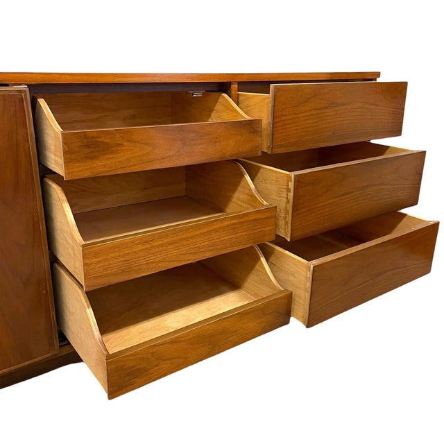 Brown Vintage Mid Century Modern Walnut Toned Credenza With Cane Door Front and Dovetailed Drawers For Sale - Image 8 of 10