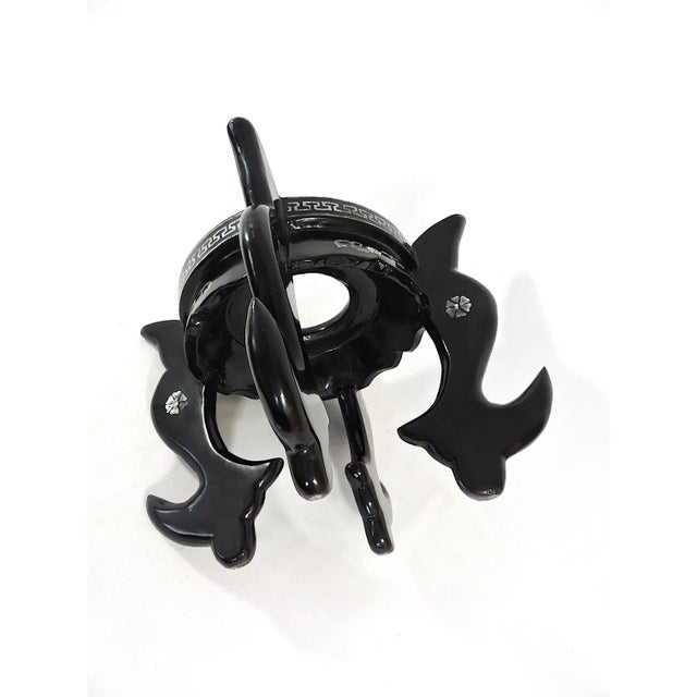 Wood Vintage Black Lacquer and Inlaid Mother of Pearl Vase Display Stand or Pedestal 7.25” (Asian) For Sale - Image 7 of 7