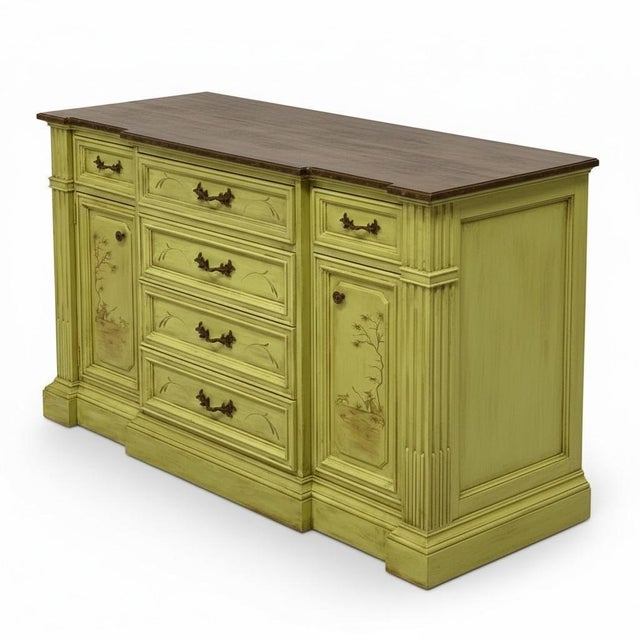 20th-C. Patina Style Hand Painted Italian Marble Top Chinoiserie Sideboard / Credenza For Sale - Image 4 of 8