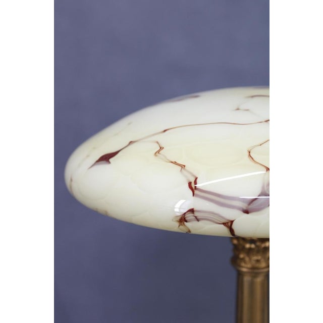 Vintage Brass Table Lamp with Wooden Base and Glass Shade, 1940s For Sale - Image 4 of 9