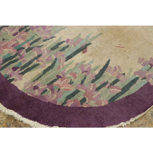 Art Deco Antique Chinese Art Deco Oval Rug With Rising Irises and Lilac Border For Sale - Image 3 of 7