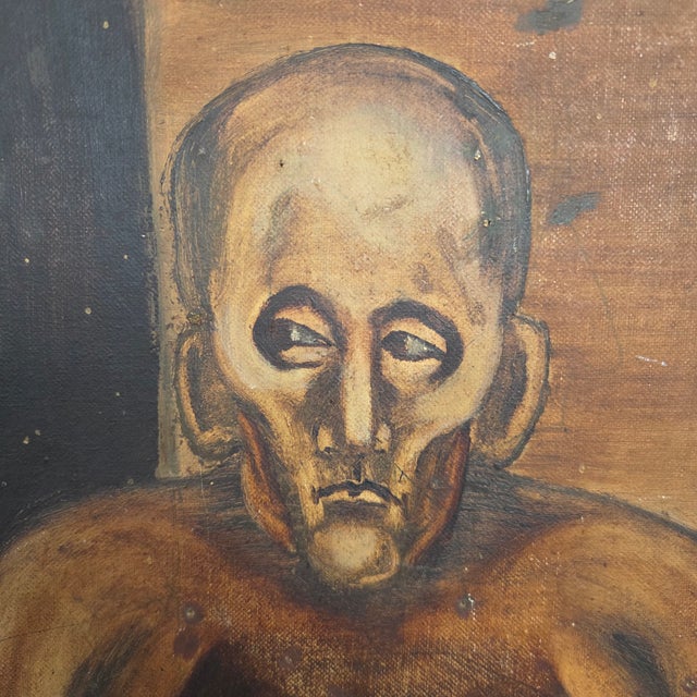 Realism Mid-Century Modern Signed c.1930s "Huddled Man" Oil on Canvas Expressionist Painting For Sale - Image 3 of 13