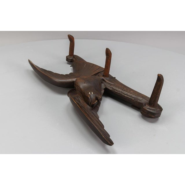 Wood Antique Hand-Carved Hat Rack with Bird and Three Wooden Hooks, Germany, 1920s For Sale - Image 7 of 18