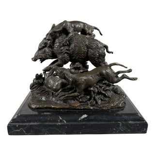 Pierre Jules Mene, Wild Boar Captured by Four Dogs, 1800s, Bronze & Marble For Sale