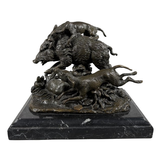Pierre Jules Mene, Wild Boar Captured by Four Dogs, 1800s, Bronze & Marble For Sale