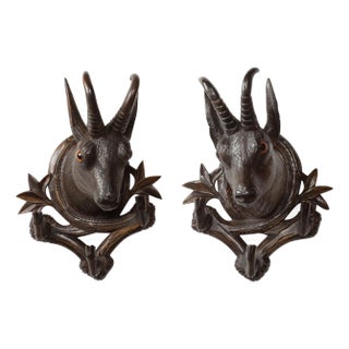 Pair of Black Forest 1880s Carved Wooden Chamois Coat or Hat Racks with Foliage For Sale