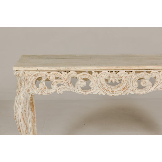 Rococo Style Painted Console Table with Carved Apron and Distressed Finish For Sale In New York - Image 6 of 12