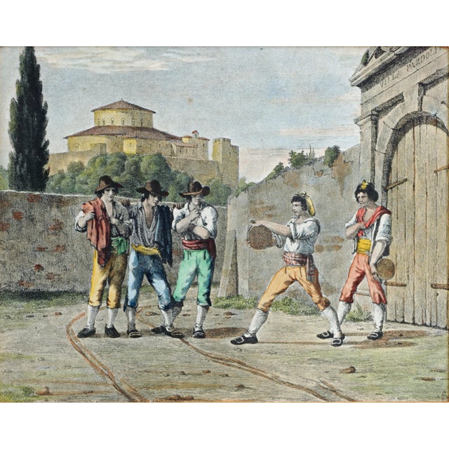Grand Tour Antique Italian Lithograph Hand-Colored Set of 4 Traditional Dances & Games Silk Mats Gilt Frames For Sale - Image 3 of 16