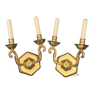 1970s Traditional Shiny Brass Wall Lights in the Style of Baldwin, Double Lights, a Pair For Sale