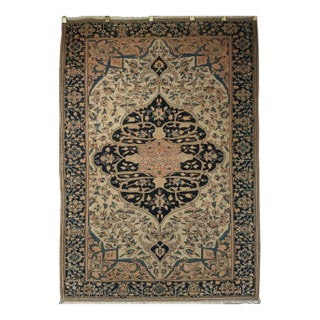 19th Century Persian Farahan Sarouk Area Rug, Handwoven Medallion Pattern, Ivory & Navy, 4’ X 5’ For Sale