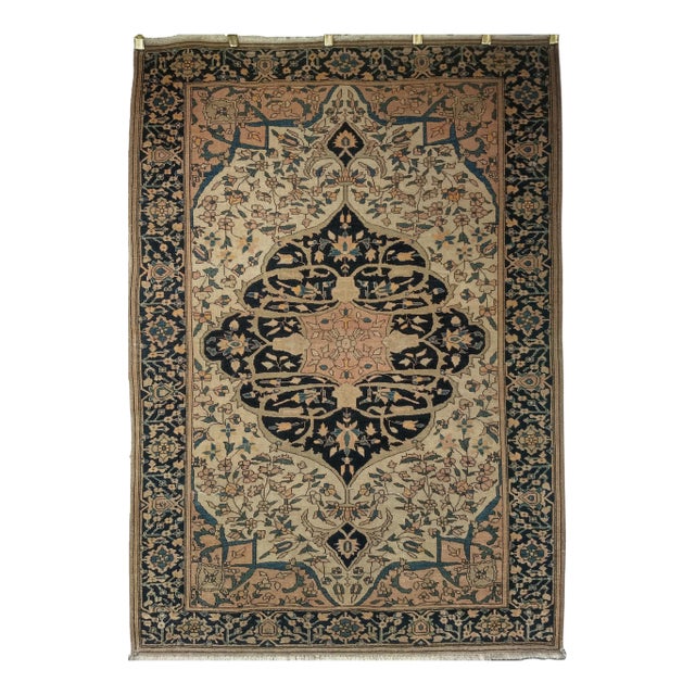 19th Century Persian Farahan Sarouk Area Rug, Handwoven Medallion Pattern, Ivory & Navy, 4’ X 5’ For Sale
