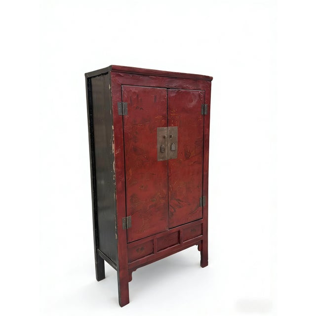 Chinoiserie 80" Inch High Chinoiserie-Style Red Elm Armoire For Sale - Image 3 of 5