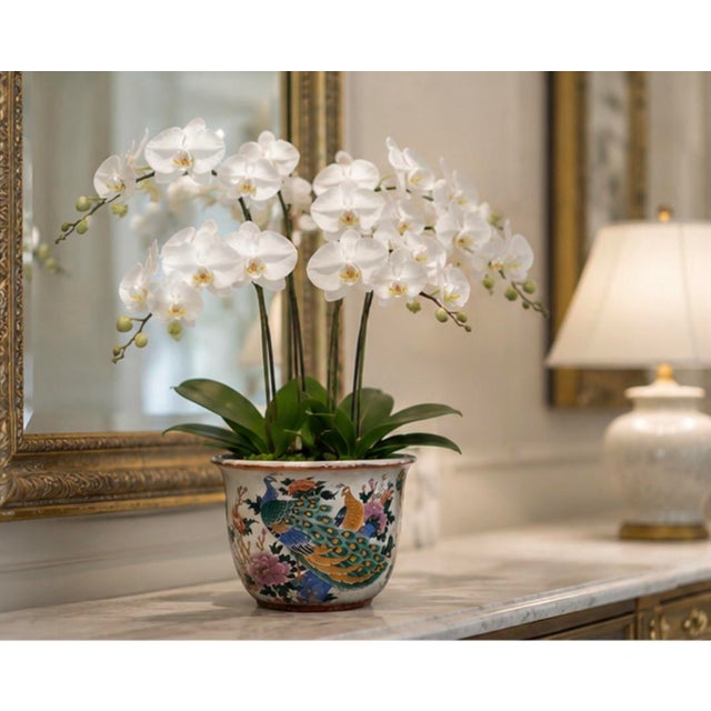 Vintage Chinoiserie Ceramic Peacock and Peony Fishbowl Jardinier Vase For Sale - Image 11 of 12