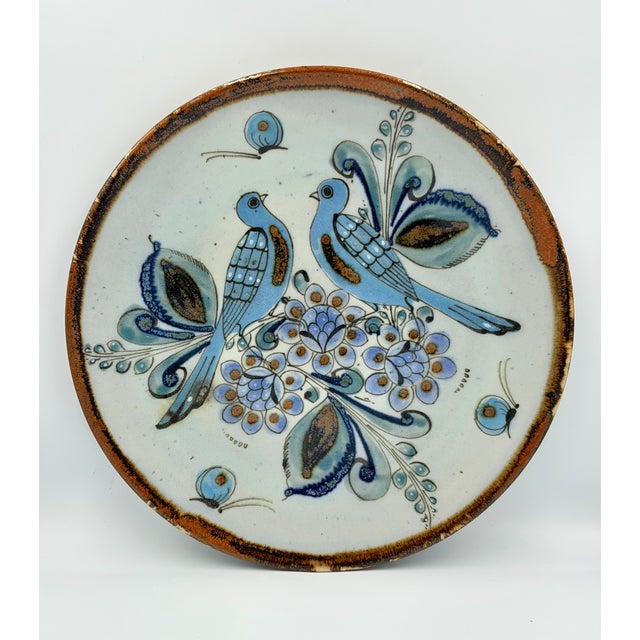 1950s Folk-Art Ken Edwards Tonala Pottery Hand Painted Bird Serving Chop Plate For Sale - Image 4 of 5