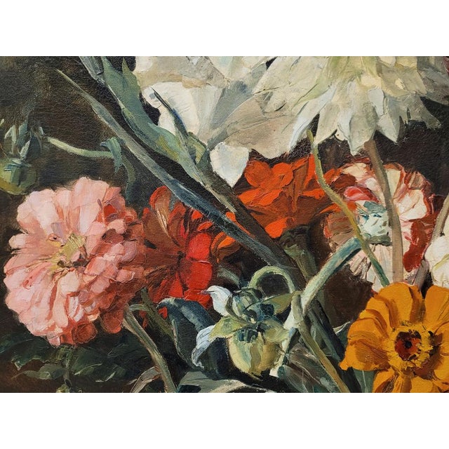 Black Paul Robert Bazé, Dahlias and Camellias, 1970s, Oil on Board, Framed For Sale - Image 8 of 18