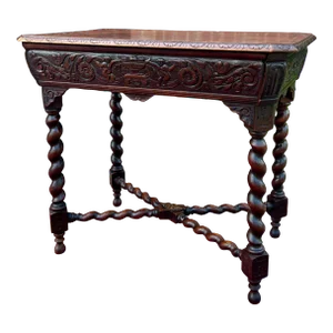 Antique French Parlor Table Barley Twist Renaissance Revival Cherubs Oak 19thC