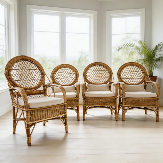Stunning set of four handmade, vintage armchairs in impeccable condition. Each chair features a "balloon" back with inset...