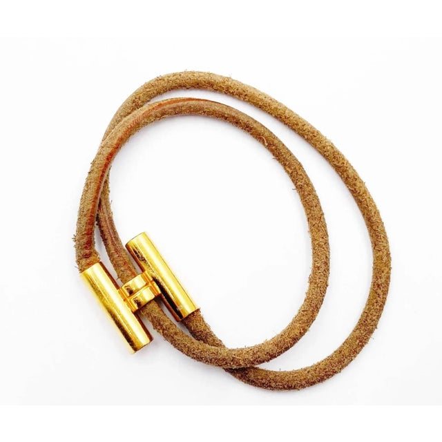 Hermes Gold Plated H Tournis Leather Bracelet | Chairish