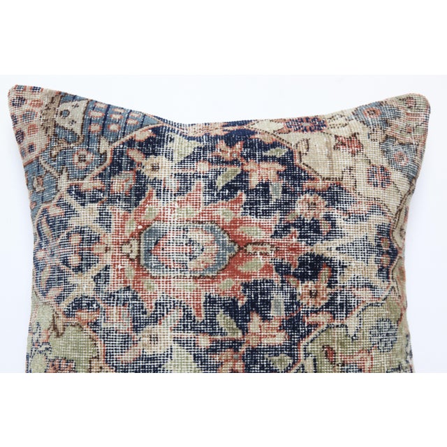 Mid-Century Modern Vintage Wool Rug Cushion With Floral Pattern -Bohemian Rug Pillow in Navy & Green Palette - 20'' X 20'' For Sale - Image 3 of 8