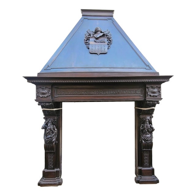 Large Renaissance Style Fireplace in Walnut, 1800s For Sale