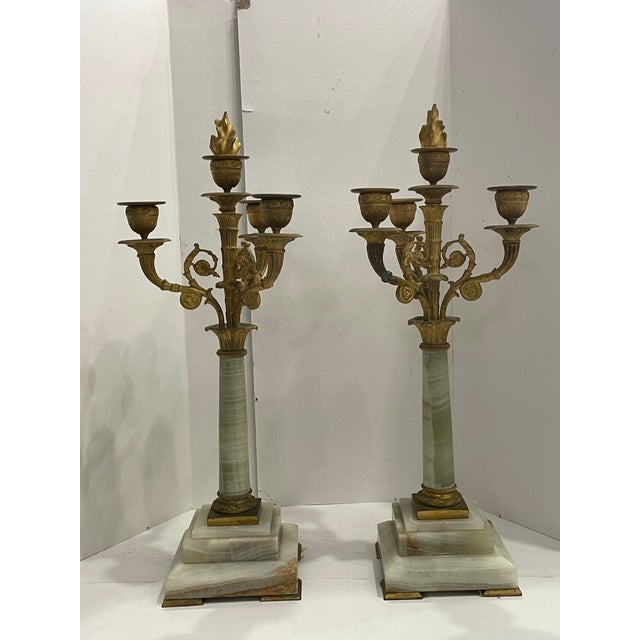 19c Pair French Neoclassical Dore Bronze & Marble Candelabras For Sale - Image 9 of 12