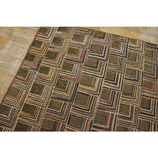 American 1920s Multibrown Geometric Folk Art American Hooked Rug 4'8" X 5'6" Handknotted Wool Carpet For Sale - Image 3 of 7